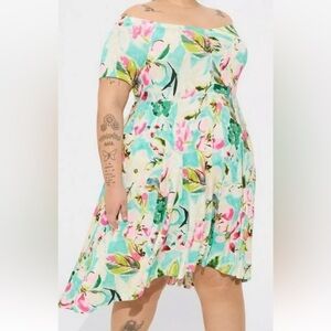 Torrid Skater Dress Womens Plus Size 4X Floral Off Shoulder Soft Stretch Pockets